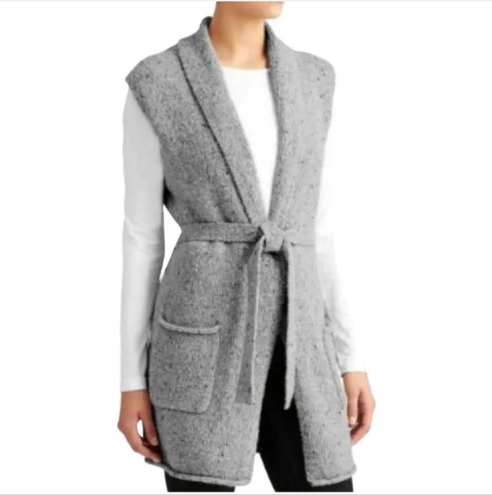 Athleta Passage Sweater Vest Wool Blend Long Tie Front Grey Speckled M